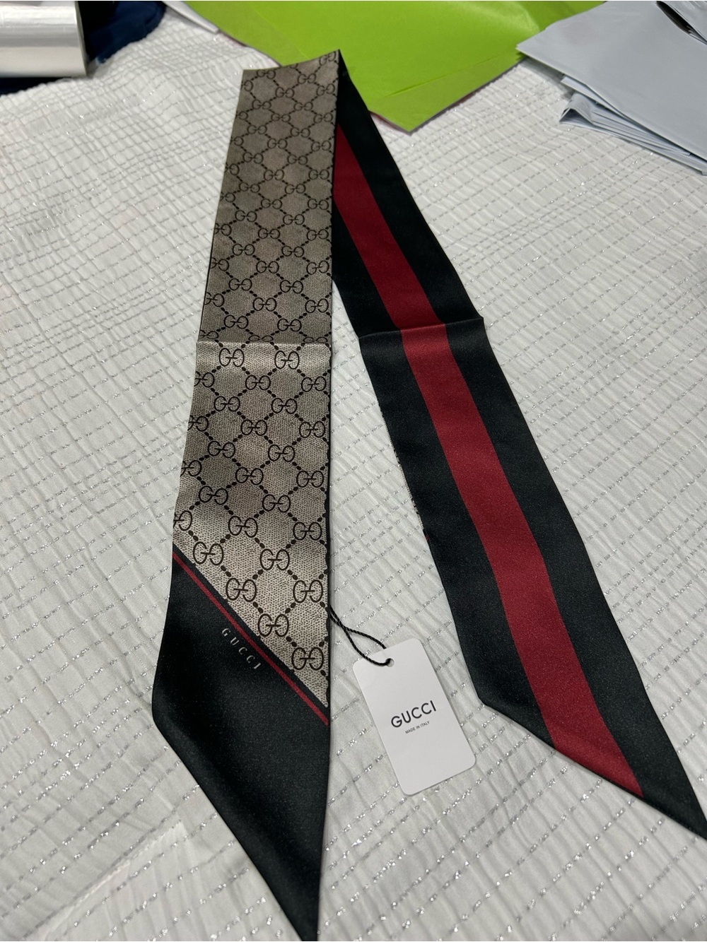 Gucci Beige GG Monogram Silk Twilly with Red and Black Stripes